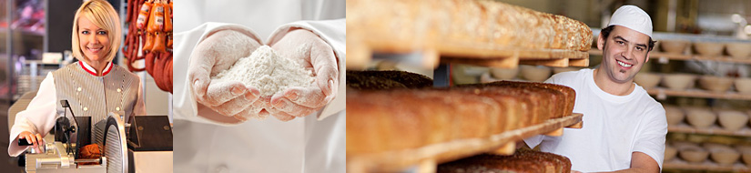 Verkäuferin in einer Fleischerei, Hände mit Mehl, Bäcker mit fertigen Broten